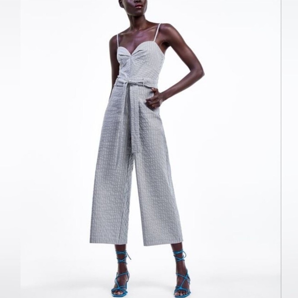 “ZARA” Striped Seersucker Cropped Jumpsuit